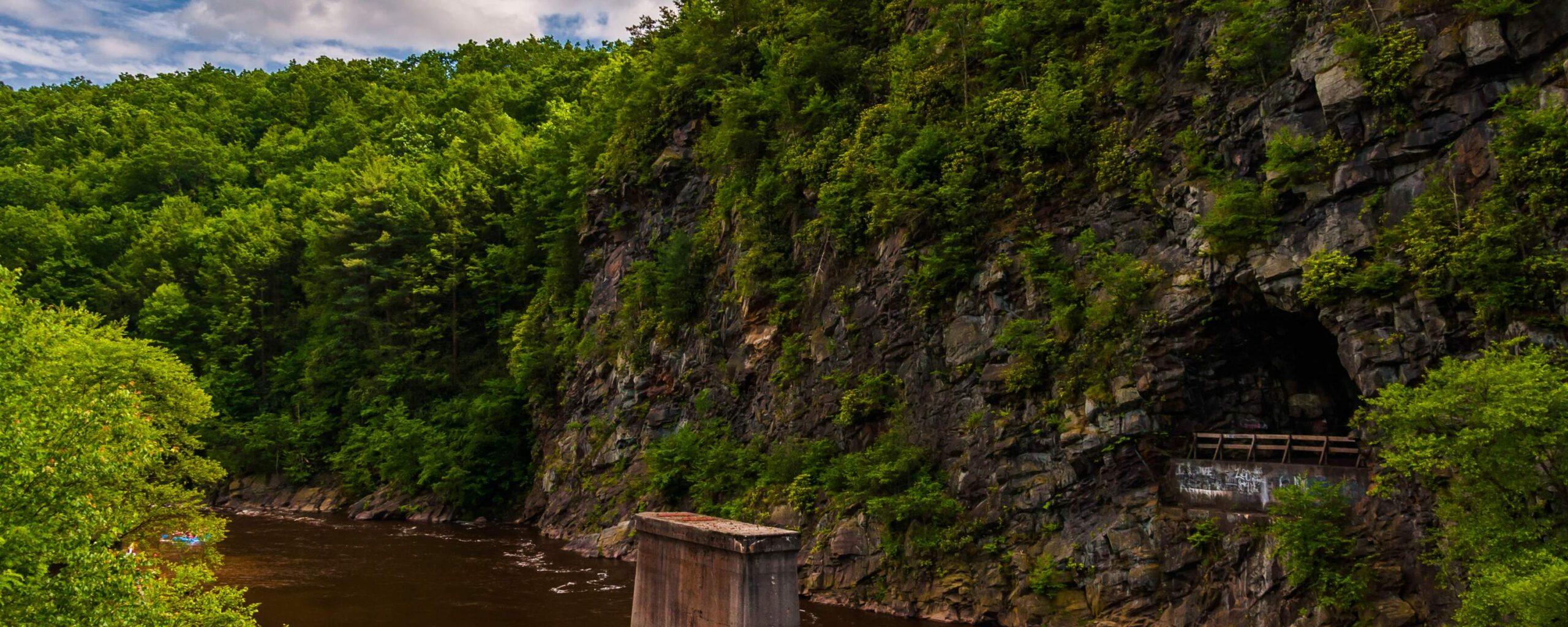 An overhead view of a river in the Poconos on a sunny day