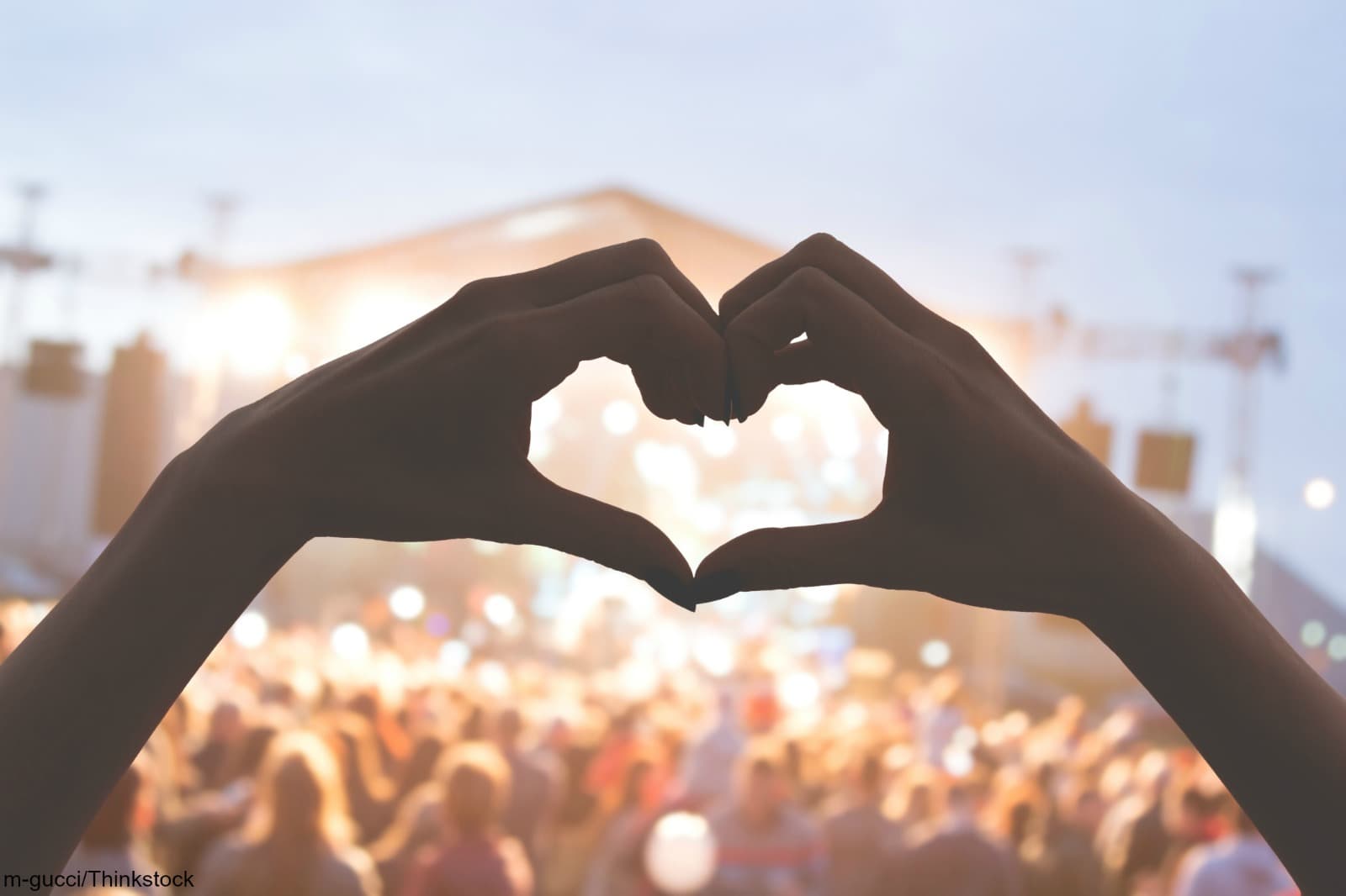 Two hands forming a heart shape in front of a blurred concert crowd.