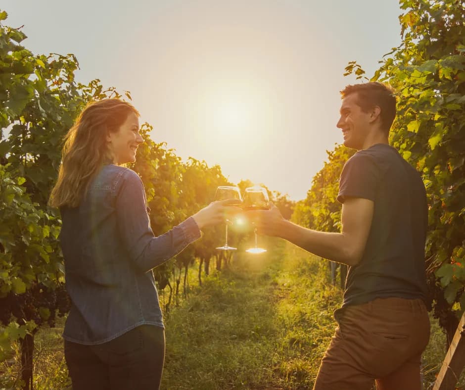 A couple toasts with wine glasses in a sunlit vineyard.