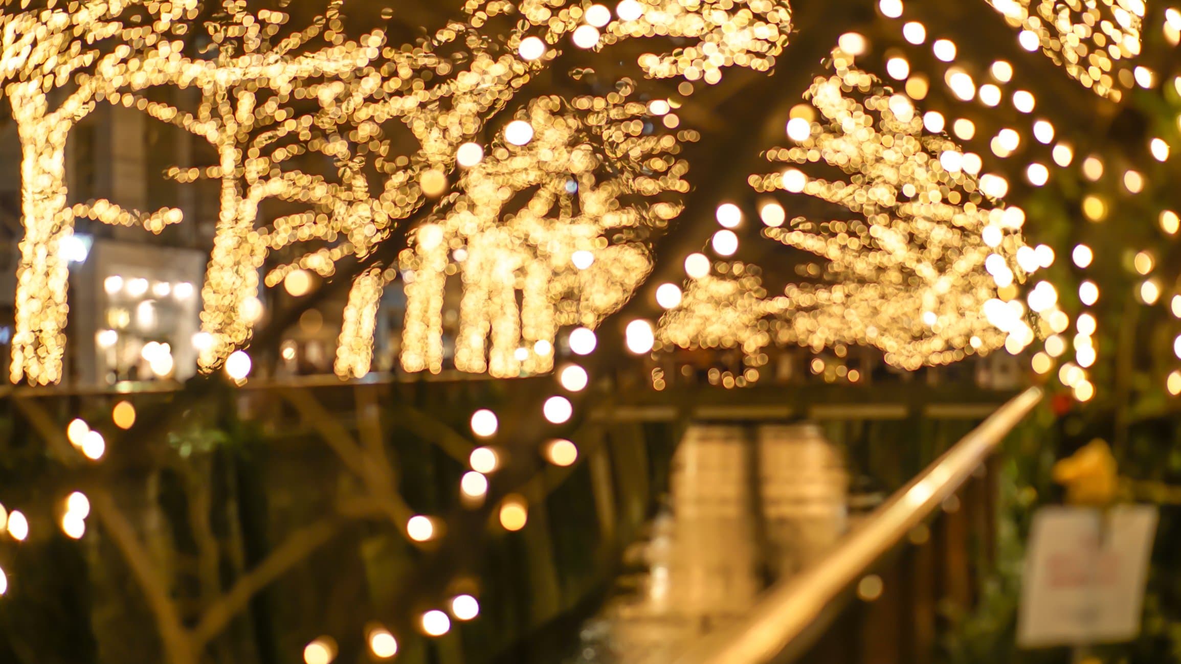A blurred pathway lined with twinkling holiday lights. A blurred pathway lined with twinkling holiday lights.