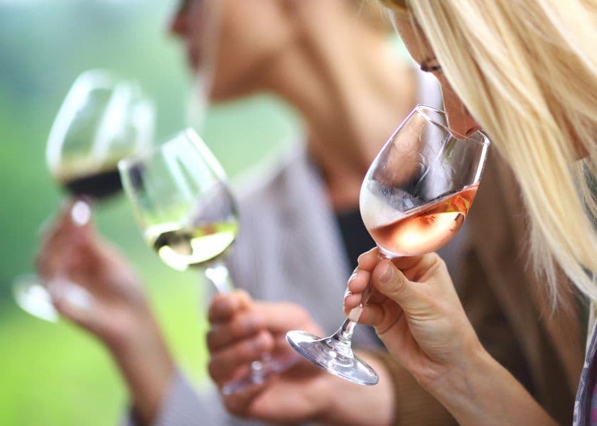 Three people holding wine glasses, enjoying a drink in a scenic outdoor setting. Three people holding wine glasses, enjoying a drink in a scenic outdoor setting.
