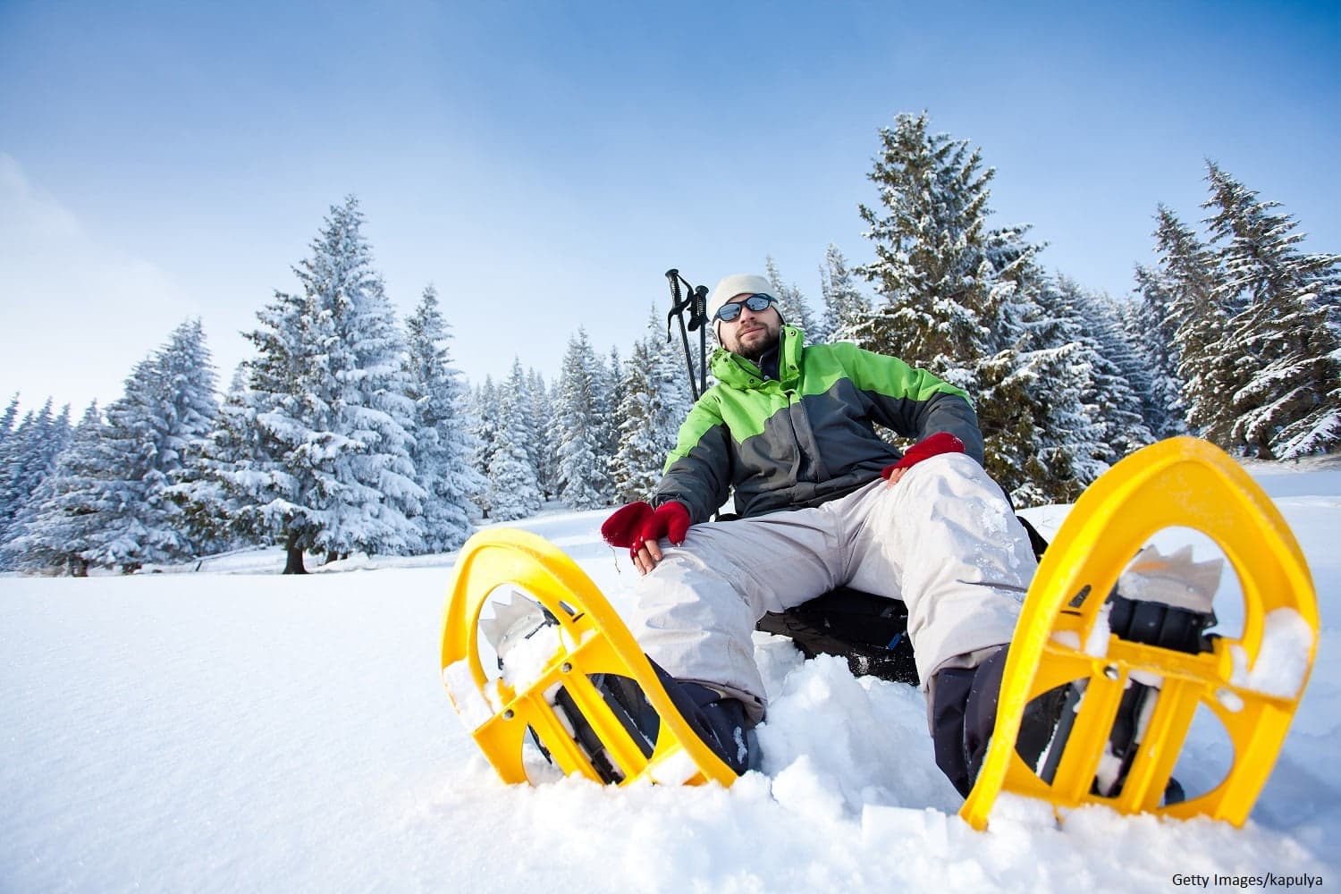 A person sits in the snow wearing snowshoes, surrounded by snowy trees on a clear day.