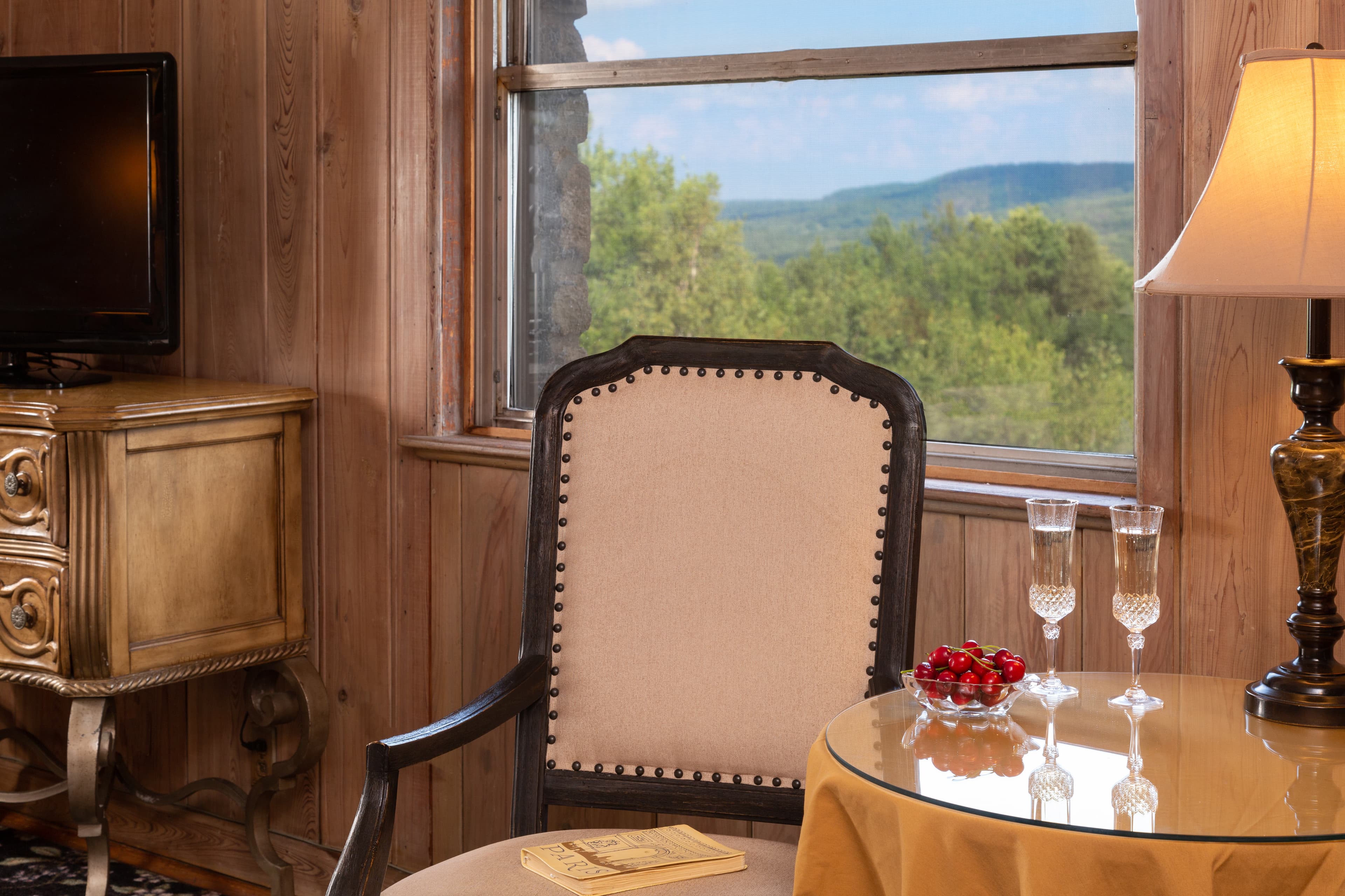 A cozy interior featuring a chair, a round table with two glasses and cherries, and a view of green hills through the window.