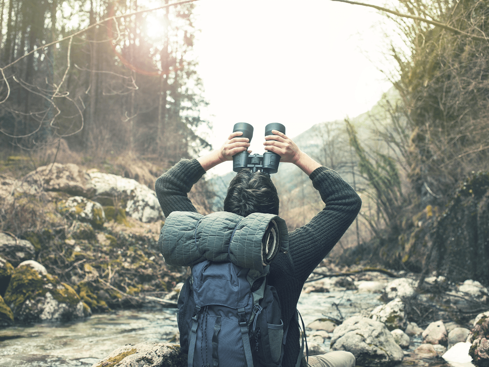 A hiker using binoculars while sitting by a stream in a forest. A hiker using binoculars while sitting by a stream in a forest.