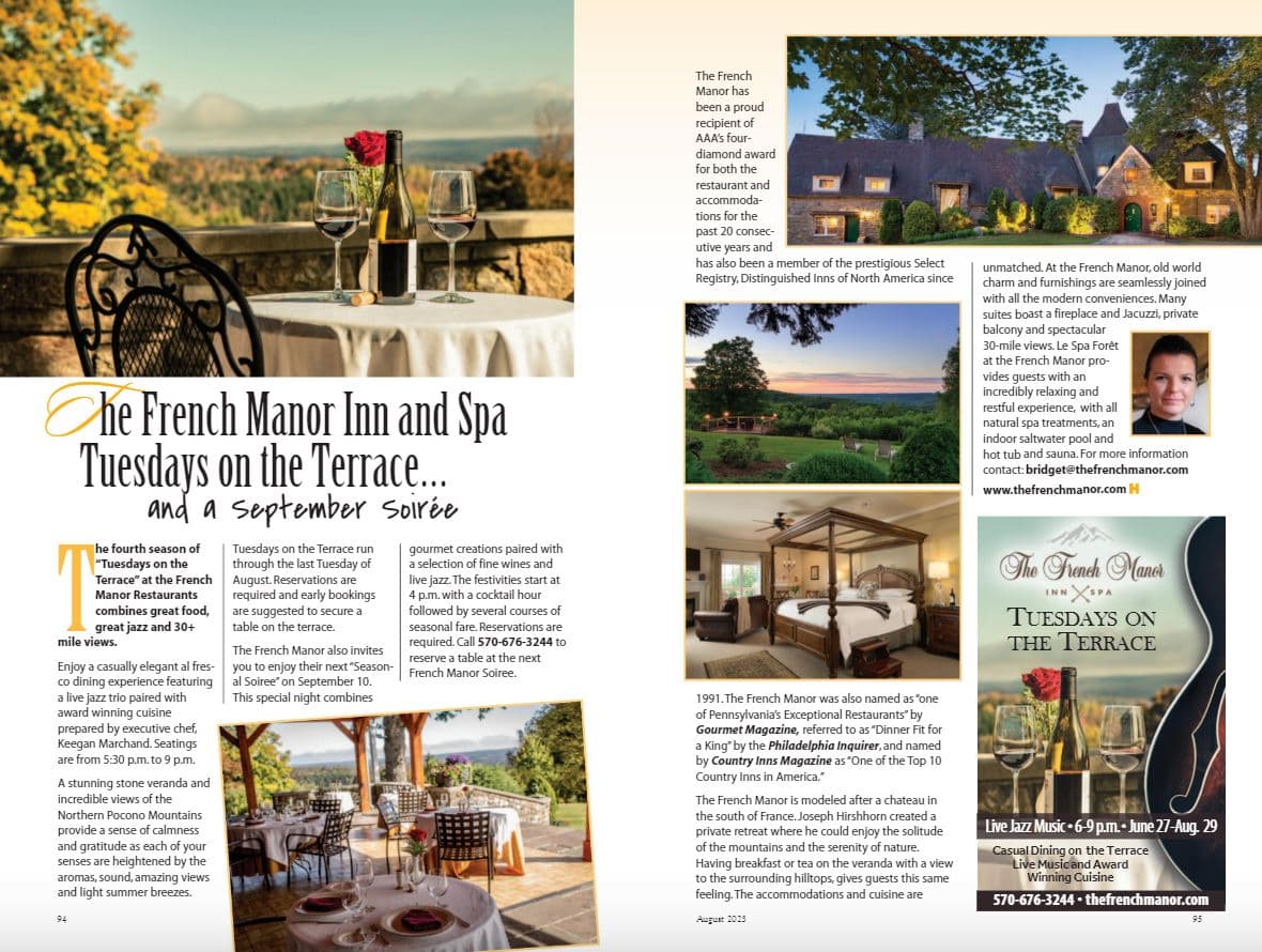 An image of a magazine article about the French Manor Inn and Spa and their Tuesdays on the Terrace events