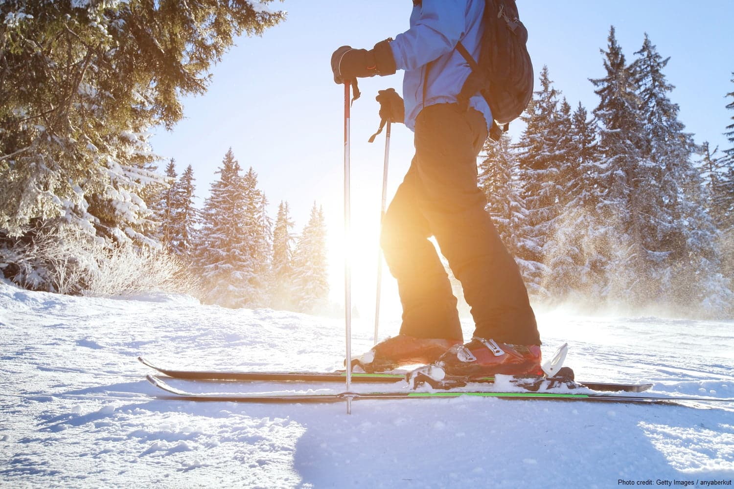 A skier poised on snow-covered terrain with trees and sunlight in the background.