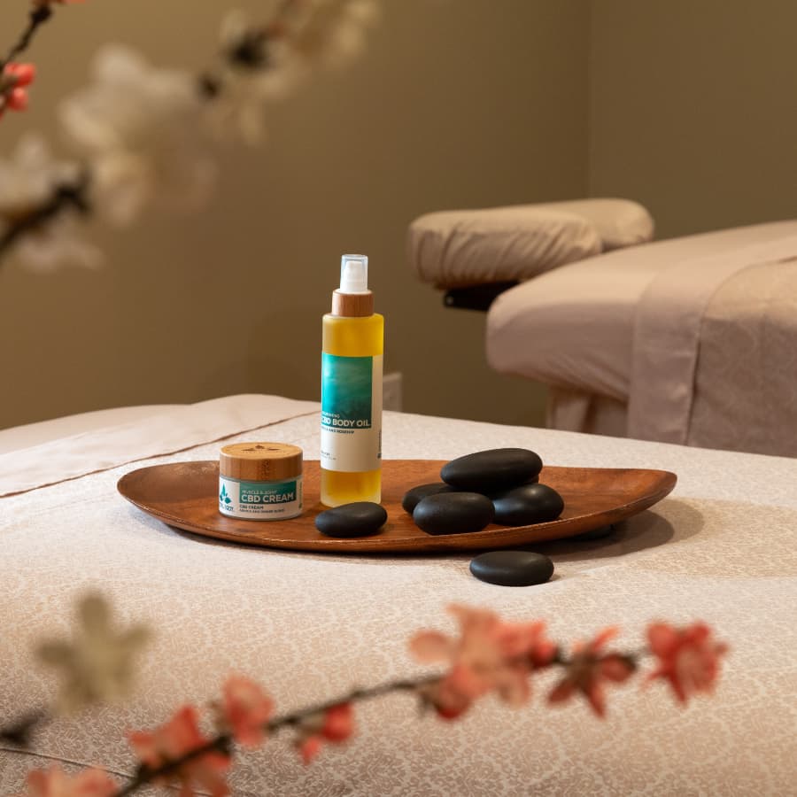 A spa setting with a wooden tray holding a jar of CBD cream and a bottle of CBD body oil. Smooth, black stones are arranged around the products. In the background, there is a massage table and a flowering branch.