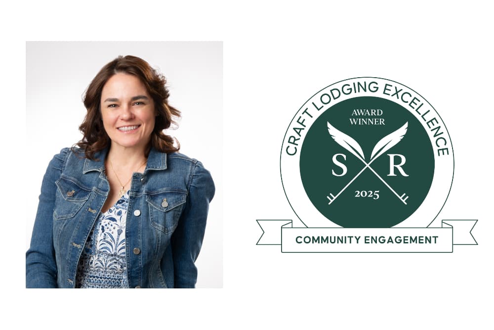 A smiling woman in a denim jacket is shown alongside a logo for the 2025 Craft Lodging Excellence Award for Community Engagement.
