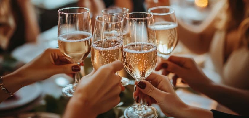 A group of hands toast with glasses of sparkling wine at a festive gathering.