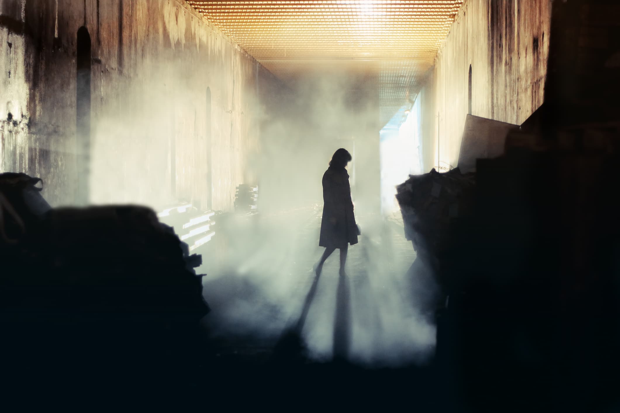 A silhouette of a person standing in a foggy, dimly lit corridor.
