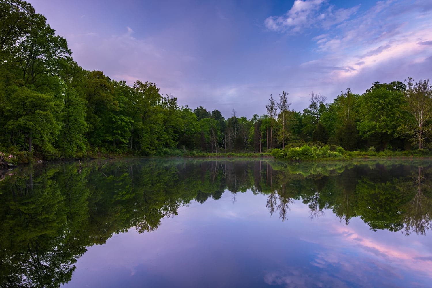 Serene lake reflecting lush green trees and a cloudy sky.