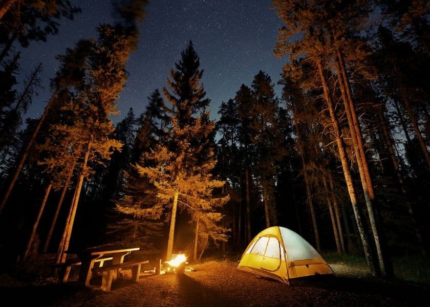 A yellow tent beside a campfire and picnic table, surrounded by tall trees under a starry night sky.
