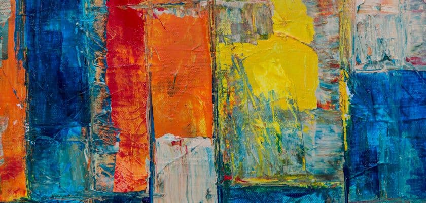 colorful abstract painting with bold blue orange and yellow textured brushstrokes