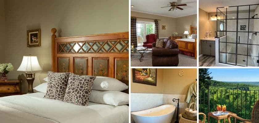 Calais suite collage with a plush bed, sitting area, glass shower, soaking tub, and private balcony overlooking green hills.